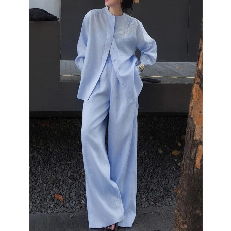 

Женская летняя модная льняная повседневная рубашка из двух предметов с бисером, высококачественные дизайнерские брюки y2k, новинка 2023 года