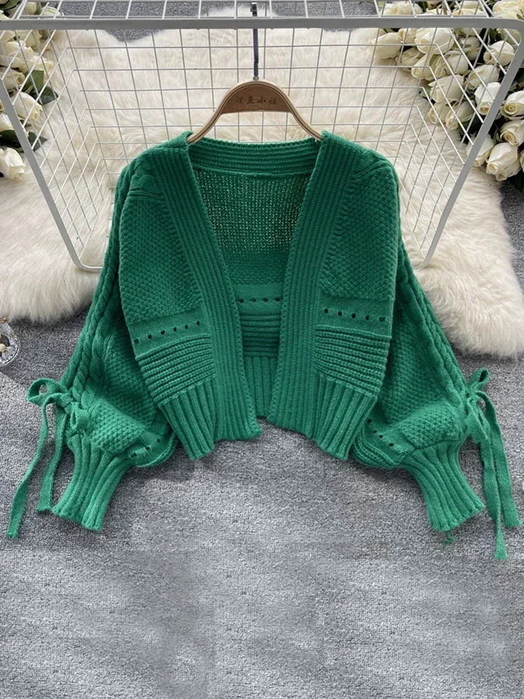 Women Autumn Winter Cardigan Design Sense Lantern Sleeve Knitted Versatile Knitting Bow Tie Short Long Sleeve Shawl Top D2156