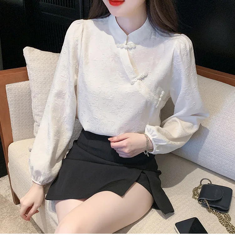 New Chinese Retro Button White Shirt Women's Autumn New Improved Cheongsam Top Women
