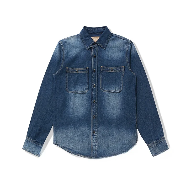 

Винтажная классическая мужская джинсовая рубашка с длинным рукавом и большими карманами, для активного отдыха, повседневная, свободного кроя, из хлопка, в стиле ретро