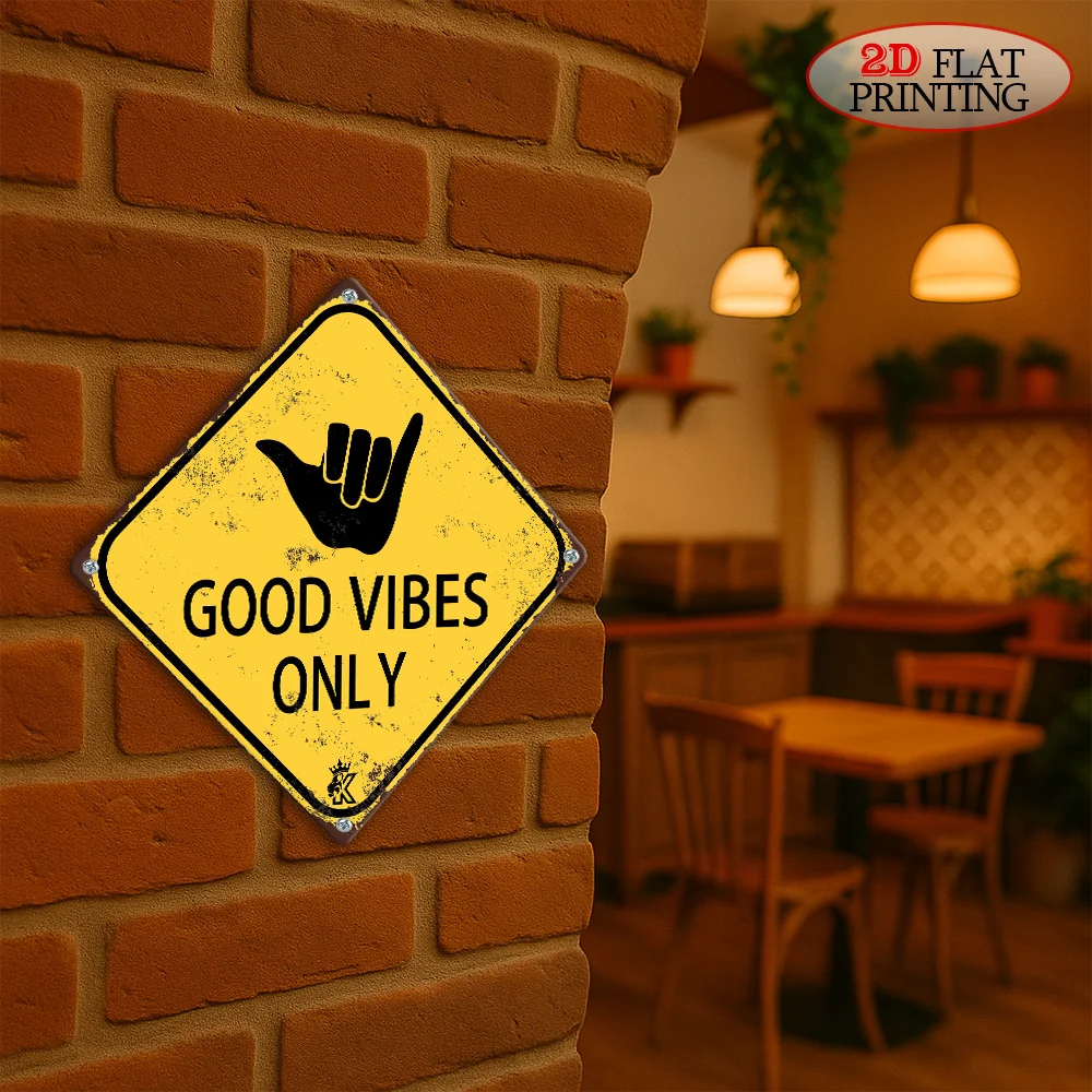 2D-Flachmetallschild, Vintage-Aluminium, 7,9"x7,9", Good Vibes Only, Shaka Hand Poster, Outdoor-Wandkunst, Chill Zone Deko für Wohnheim