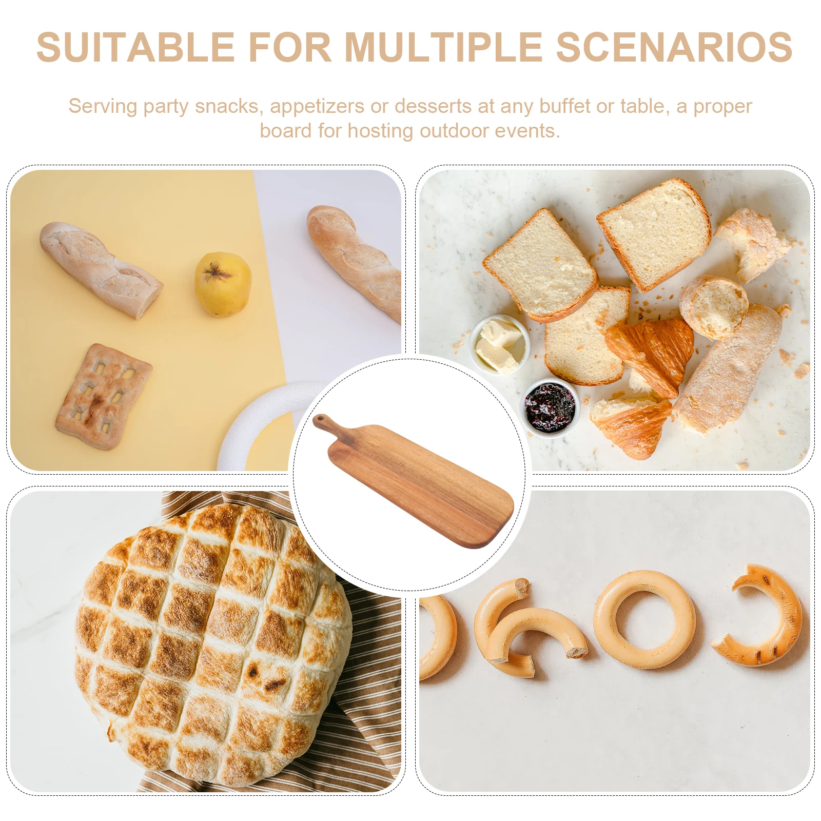 

Premium Wooden Charcuterie Food Bread Kitchen Outdoor Handle Smooth Long Cutting Serving Board Snacks Appetizers