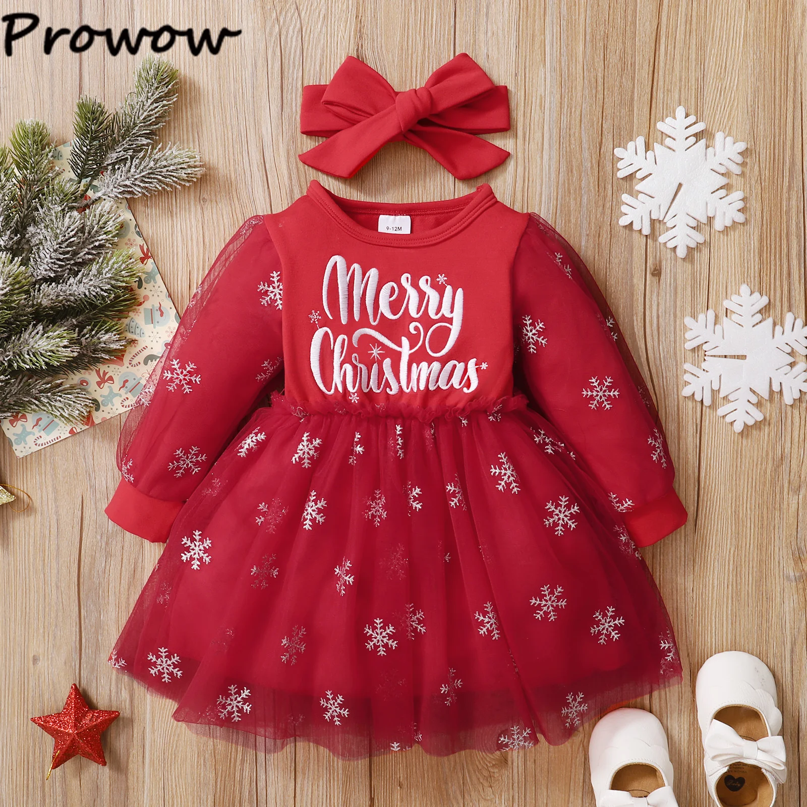 Prowo Baby Christmas Dresses Letter Snowflake Princess Mesh Red Dress Girl Party Newborn My First New Year Costume Baby