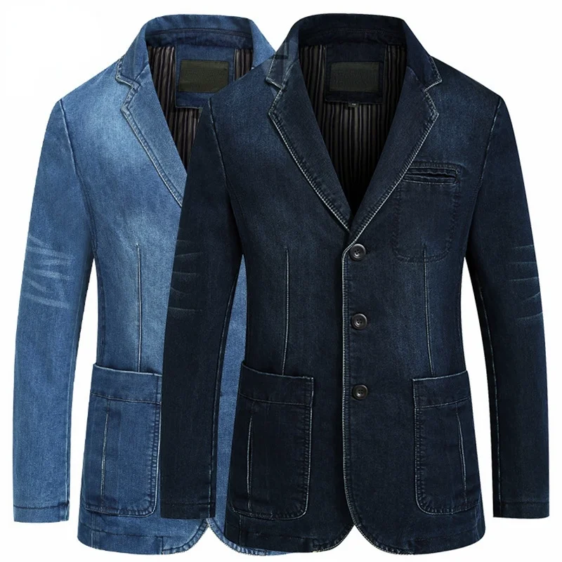 Blazers Jacket Men Casual Denim Slim Pocket Splicing Coat Men\'s Long Sleeve Single-Breasted Turn-down Collar Blazers Jacket