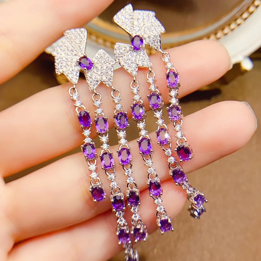 

3*4mm Natural Amethyst Long Earrings S925 Sterling Silver Certificate Fine Fashion Charm Weddings Jewelry for Women FS