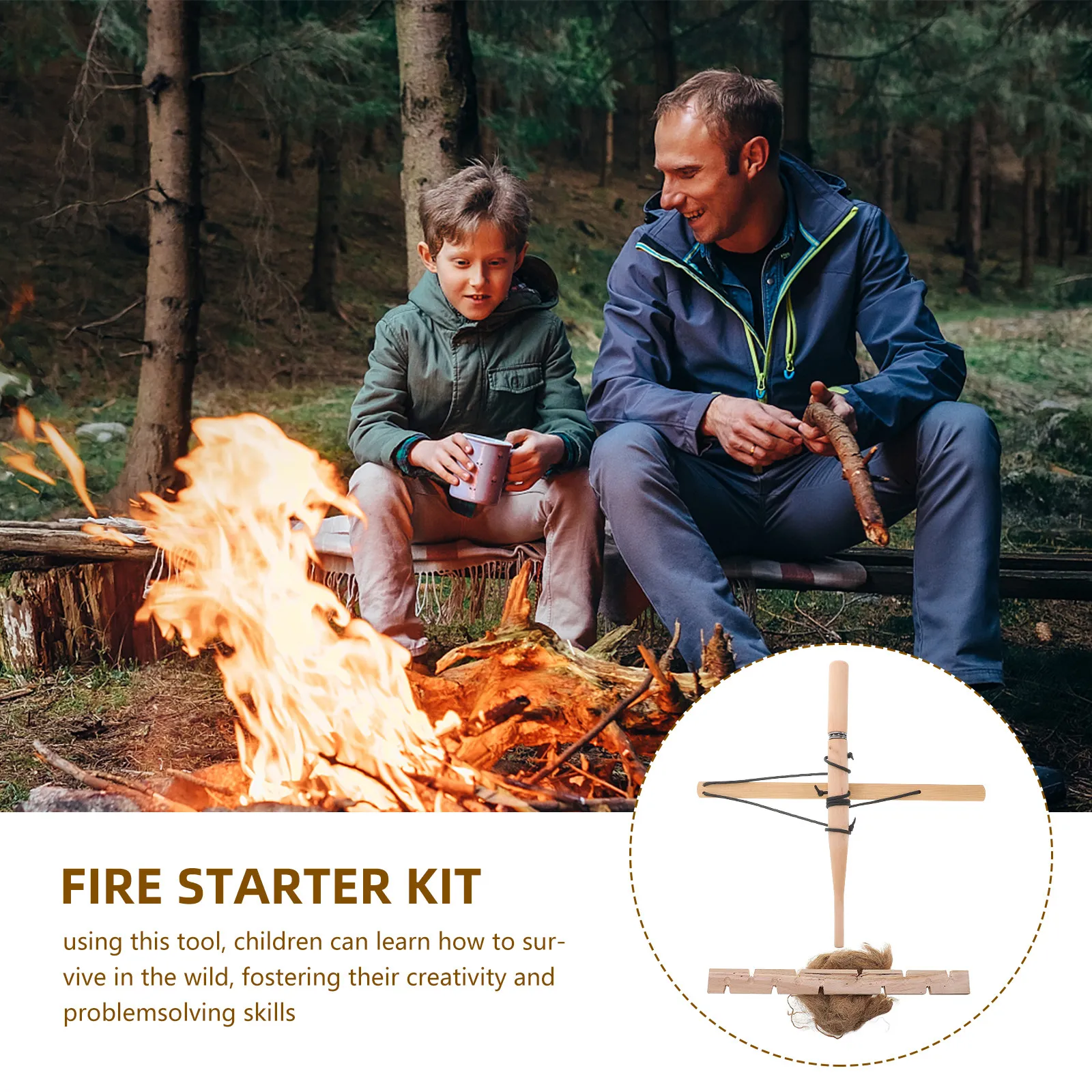 Outdoor Primitive Fire Starters Bow Drill Friction Tool for Camping Hiking Backpacking Fishing Survival Gear