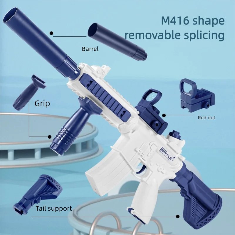 Pistola de água elétrica m416, brinquedo de longo alcance de grande capacidade, fogo contínuo embutido, 2.5cm de diâmetro, armazenamento de água externo, piscina, praia