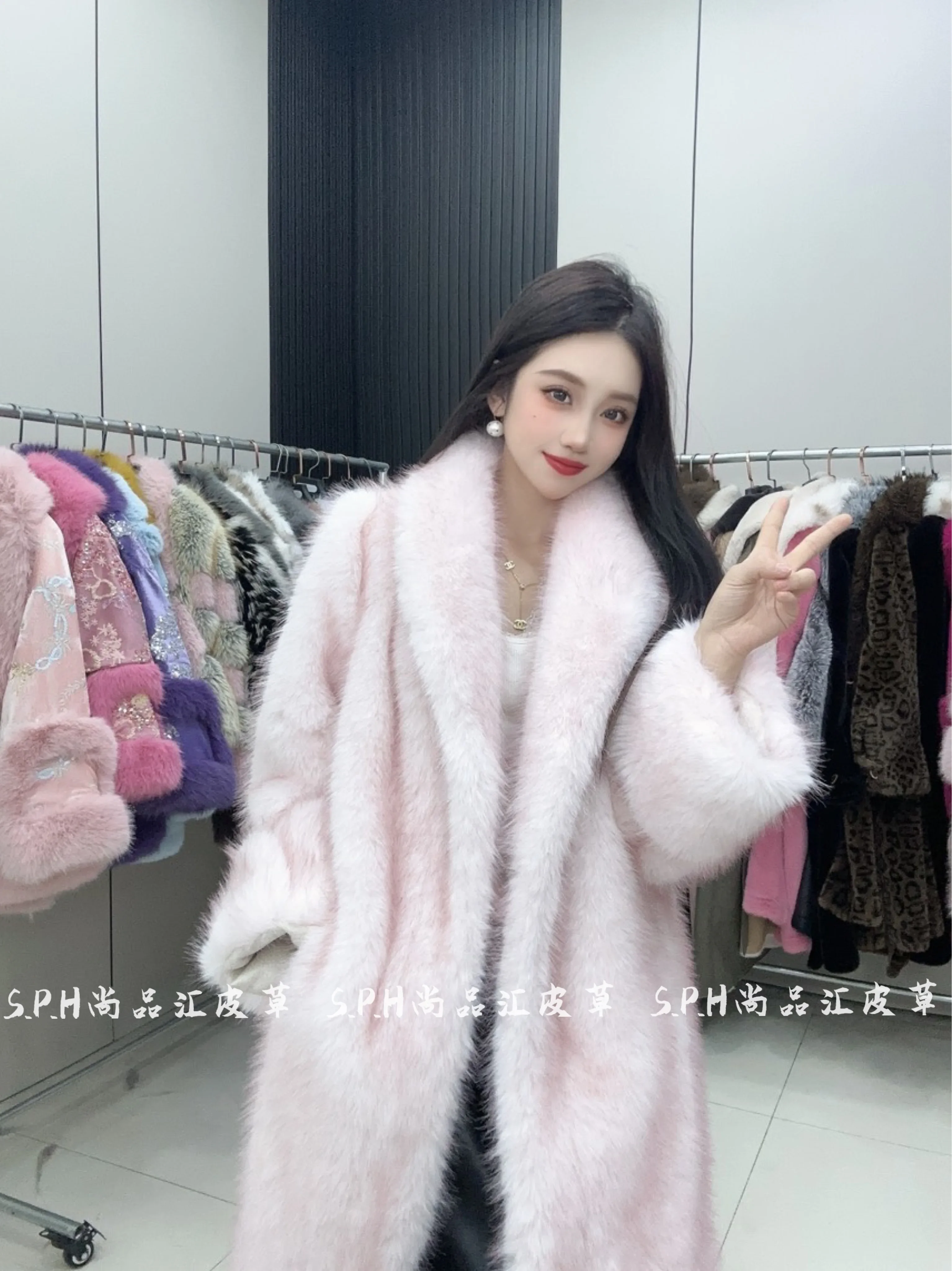 Peach Powder Faux Fur Coat Long Women Suit Collar Thickened Warm Jacket Winter Clothes Women Fashion Coats Fluffy Jacket