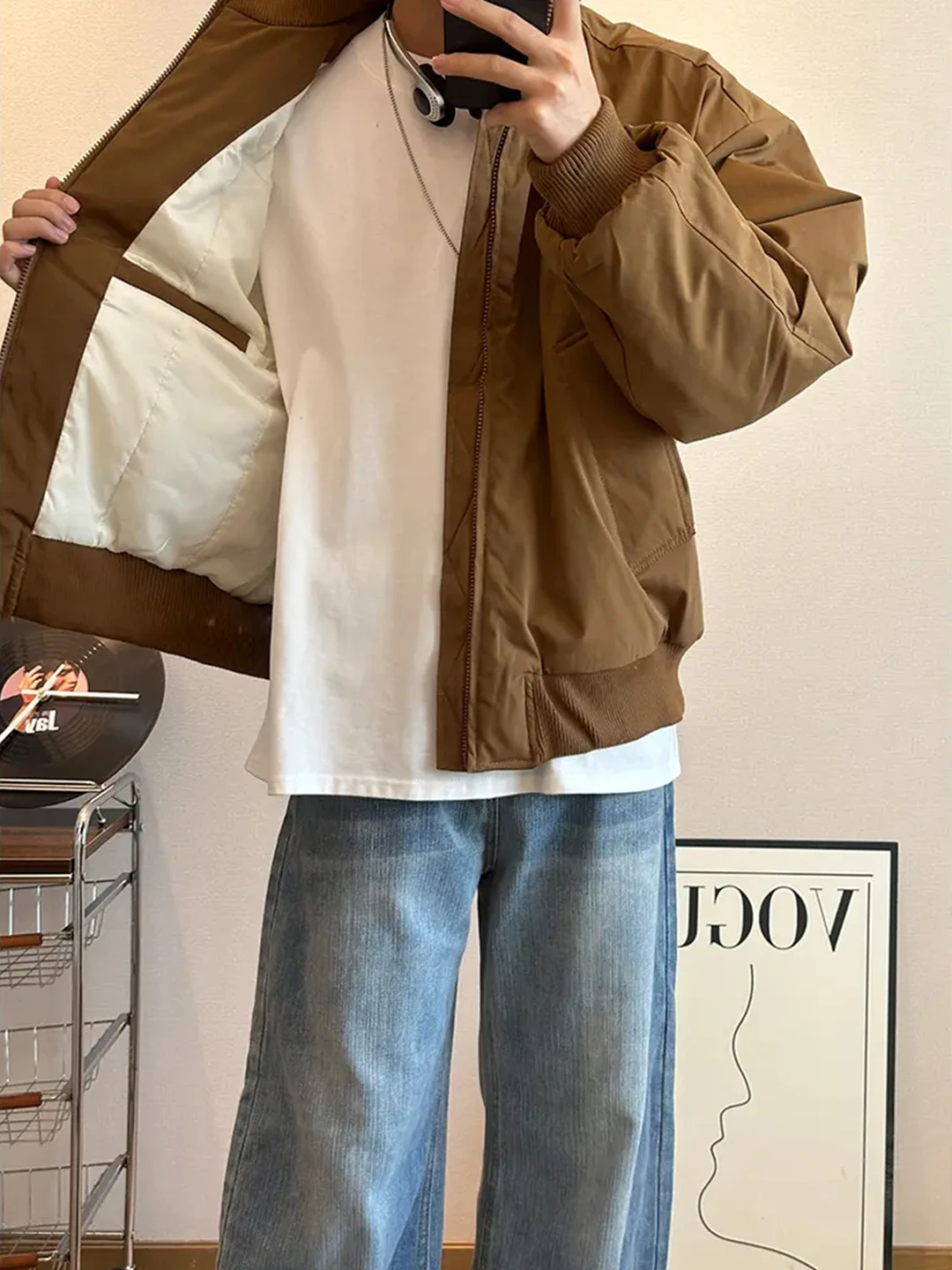 Khaki Pilot Jacket Men's Thickened Cotton Coat Short Shape Stand Collar Winter Outerwear Cleanfit Standard Sleeve Casual Wear