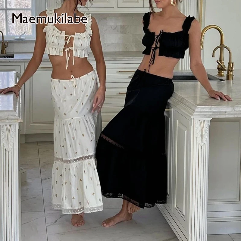 Maemukilabe 90s Vintage Frill Strap Front Tie Up Crop Tops + Maxi A-line Skirt Elegant Women Chic 2 Piece Set Fairy Y2K Outfits