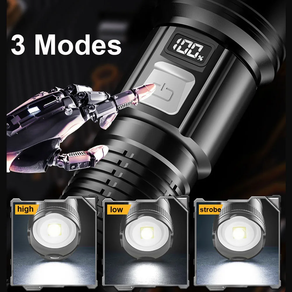 Most Powerful Long Shot LED Flashlight Zoomable Camping Torch Built-in 18650 Battery High Power Tactical Lantern for Outdoors