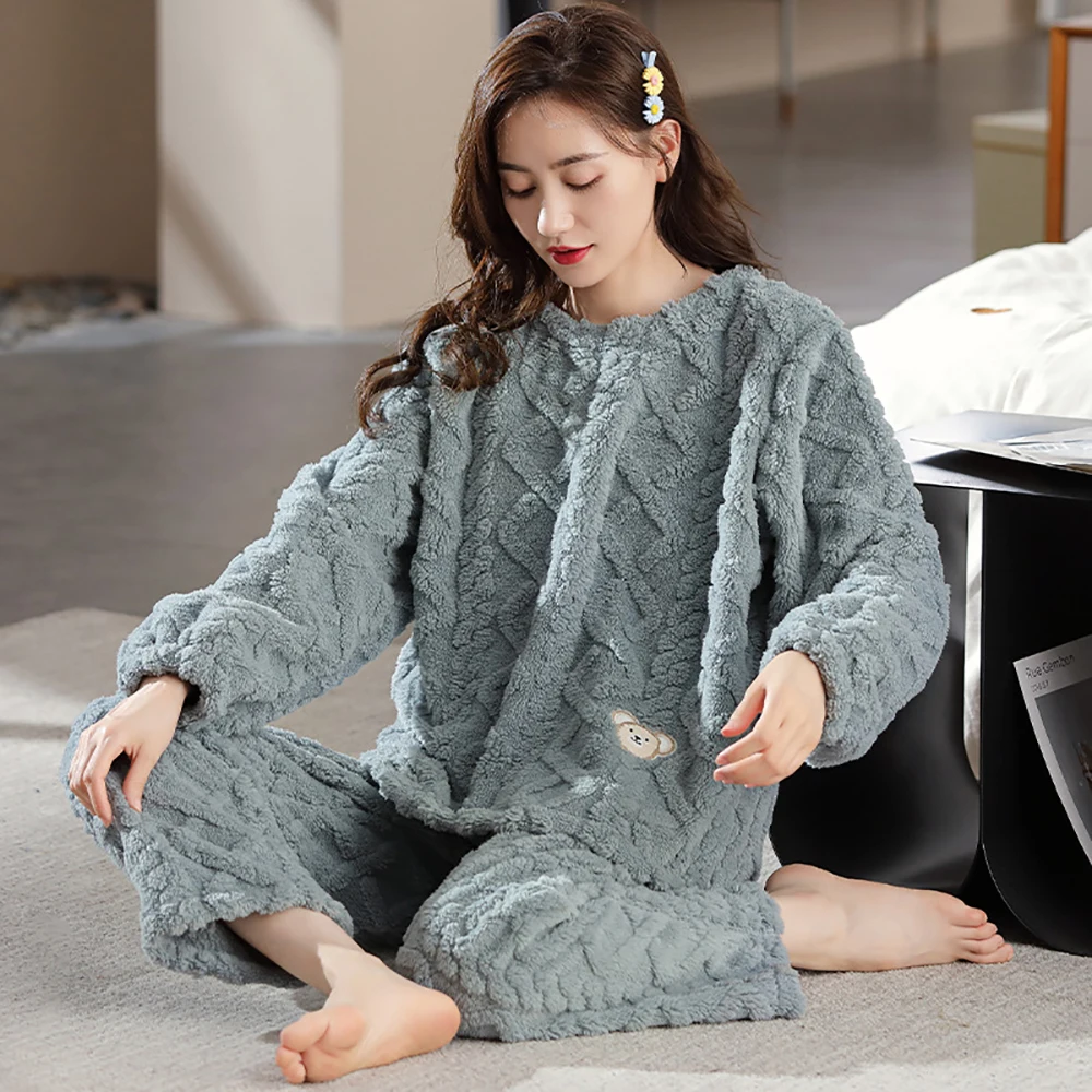 

Autumn Winter Thicken Warm Pajamas Set Women Flannel Double-side Long Plush Pajamas Set Casual Loose Sweet Solid Pijama Mujer