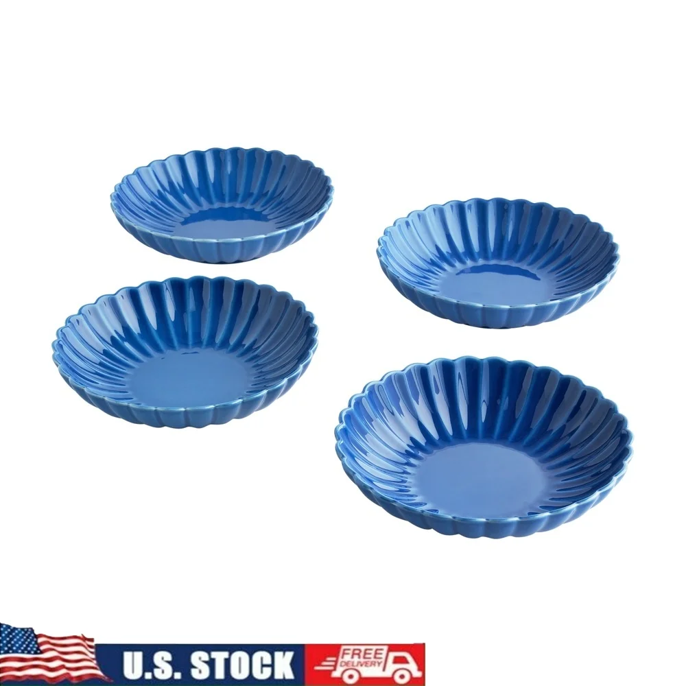 

Durable Stoneware Dinner Bowls Set of 4 Microwave Dishwasher Safe Scalloped Design Vintage Appeal Vibrant Blue Colorful