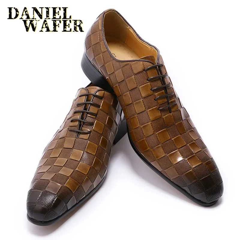 Men\'s Luxury Italian Leather Dress Shoes Fashion Plaid Print Lace-Up Black/Brown Formal Oxford Wedding Office Shoes
