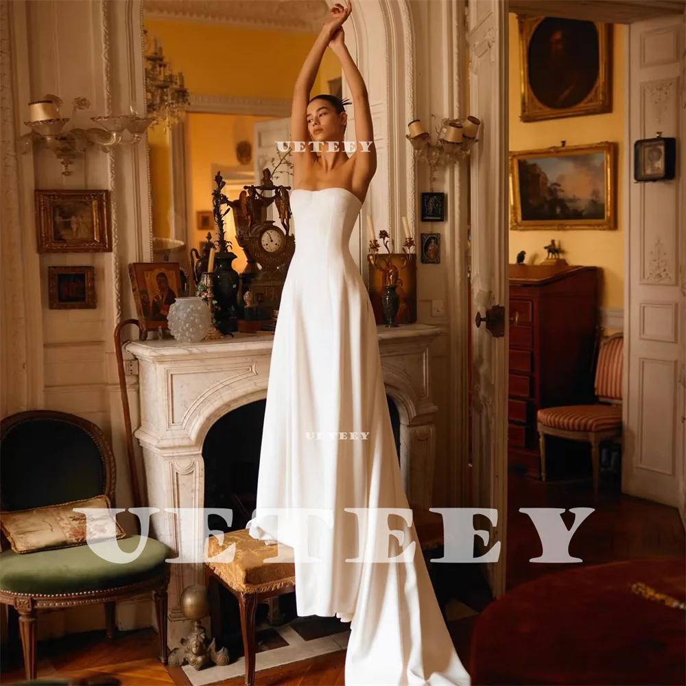 UETEEY Customized Simple Strapless Sleeveless Crepe A Line Wedding Dress Zipper Back Floor Length Court Train Bridal Gown