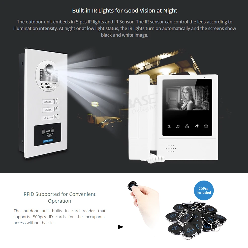HOMSECUR 4 سلك 700TVL 4.3 "فيديو هاتف الباب المنزلي نظام اتصال داخلي مع سماعة RFID الوصول للرؤية الليلية لـ 3 عائلات #3