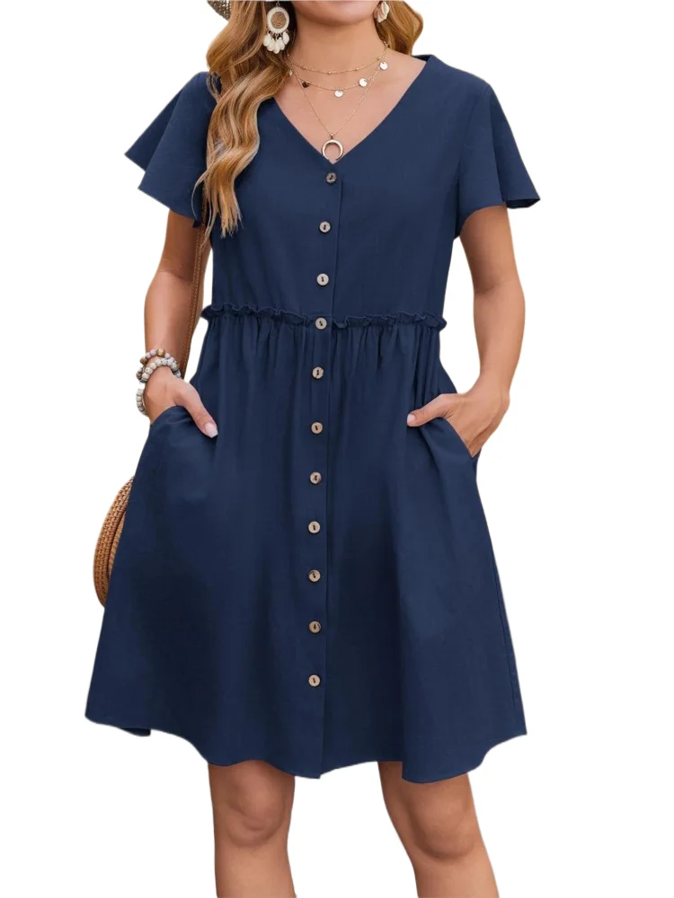 

Women Elegant Dress Fashion V Neck Ruffles Short Sleeve Loose Dress Robe Femme Casual Office Skirt Womens Clothing Summer New