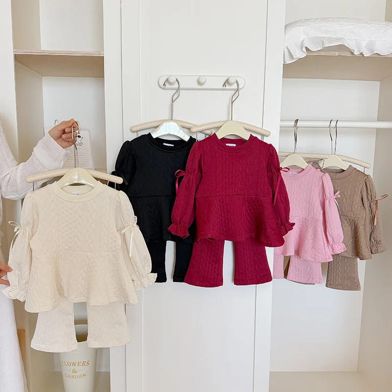 Girls' Sets Spring Autumn Knitted Two Piece Set Long Sleeve Top Bell Bottom Pants Set Baby Children's Clothing Solid Color