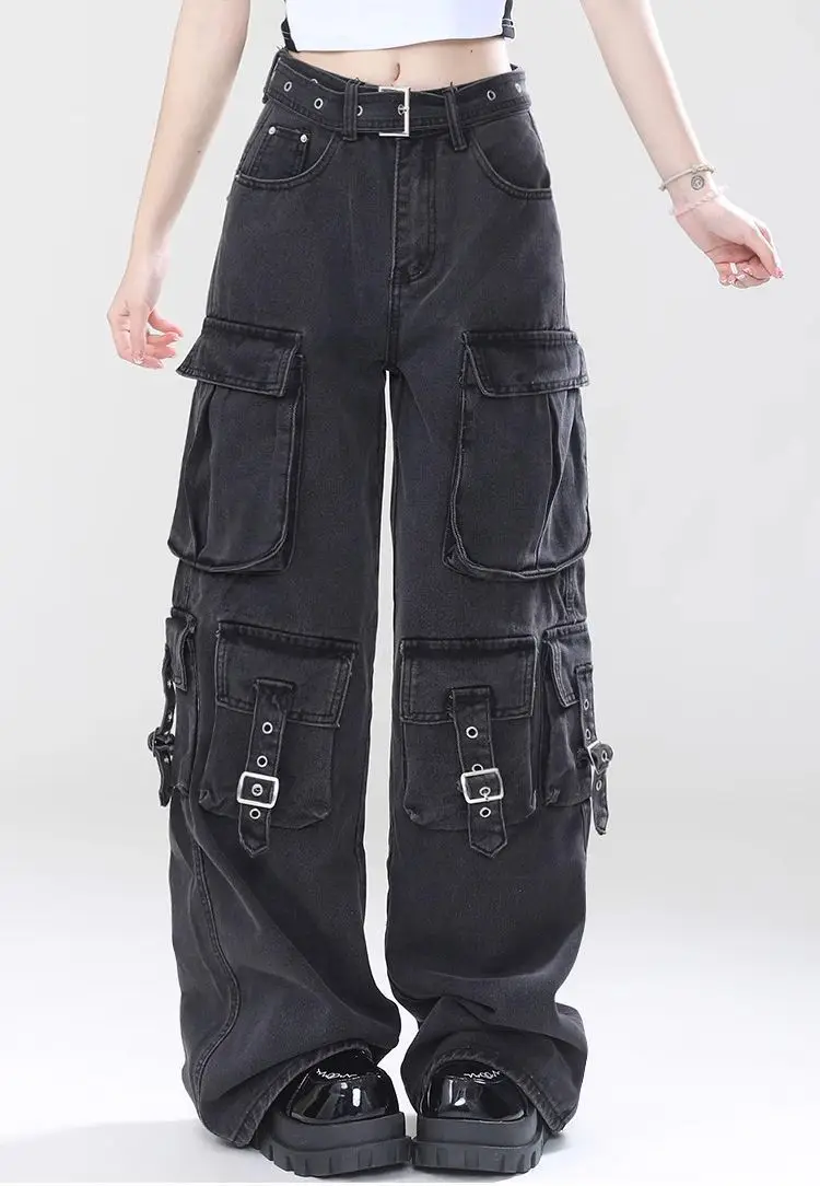 

Women Y2k Streetwear Vintage Black Cargo Jeans American Retro Gyaru 2000s 90s High Street Denim Pants Aesthetic Grunge Trousers