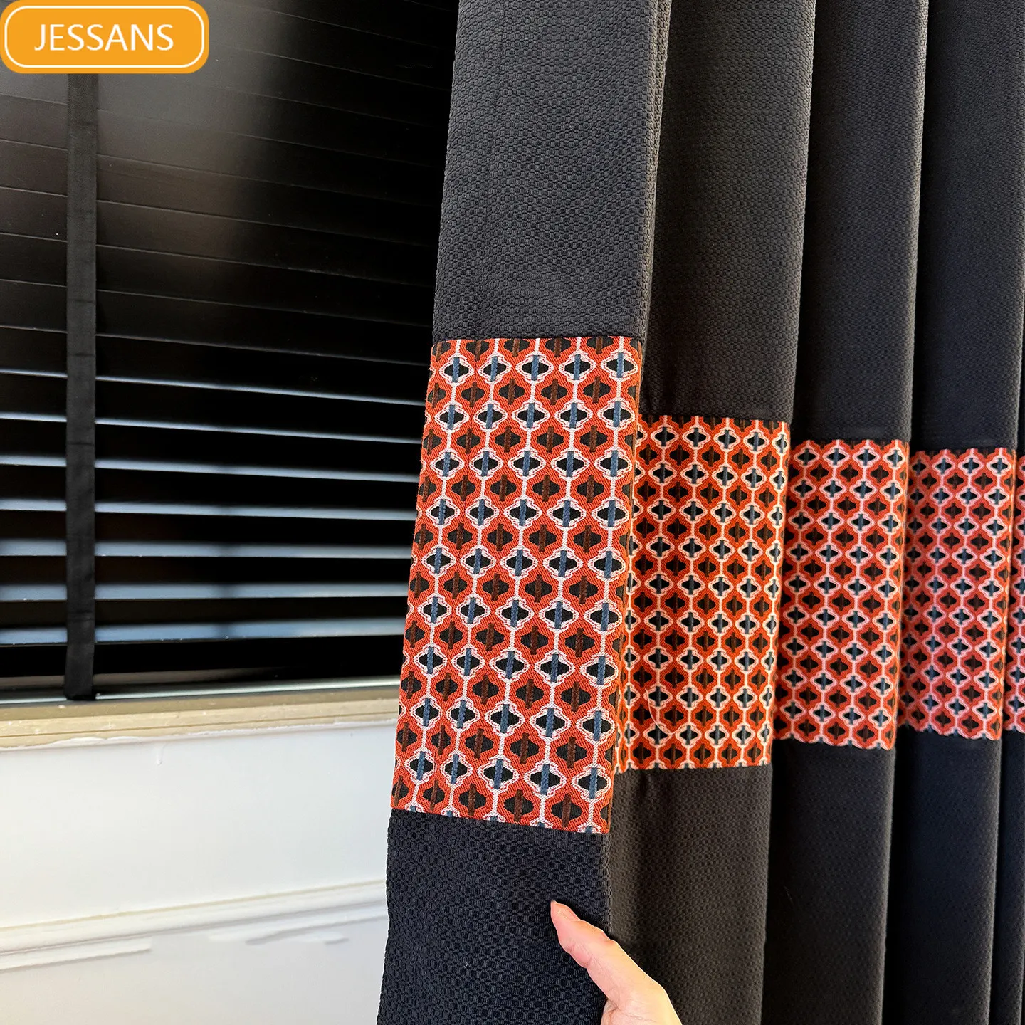 

Black and Red Contrasting Splicing, Chenille Jacquard Curtains for Living Room Bedroom Balcony Customized Finished Product