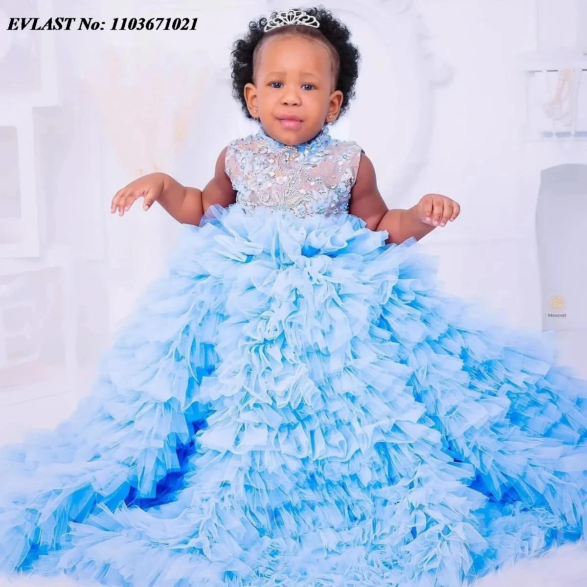 EVLAST Customized Sky Blue Ruffles Flower Girl Dress For Weddings Ball Gown Little Kids Girls Pageant First Communion Gown FD58