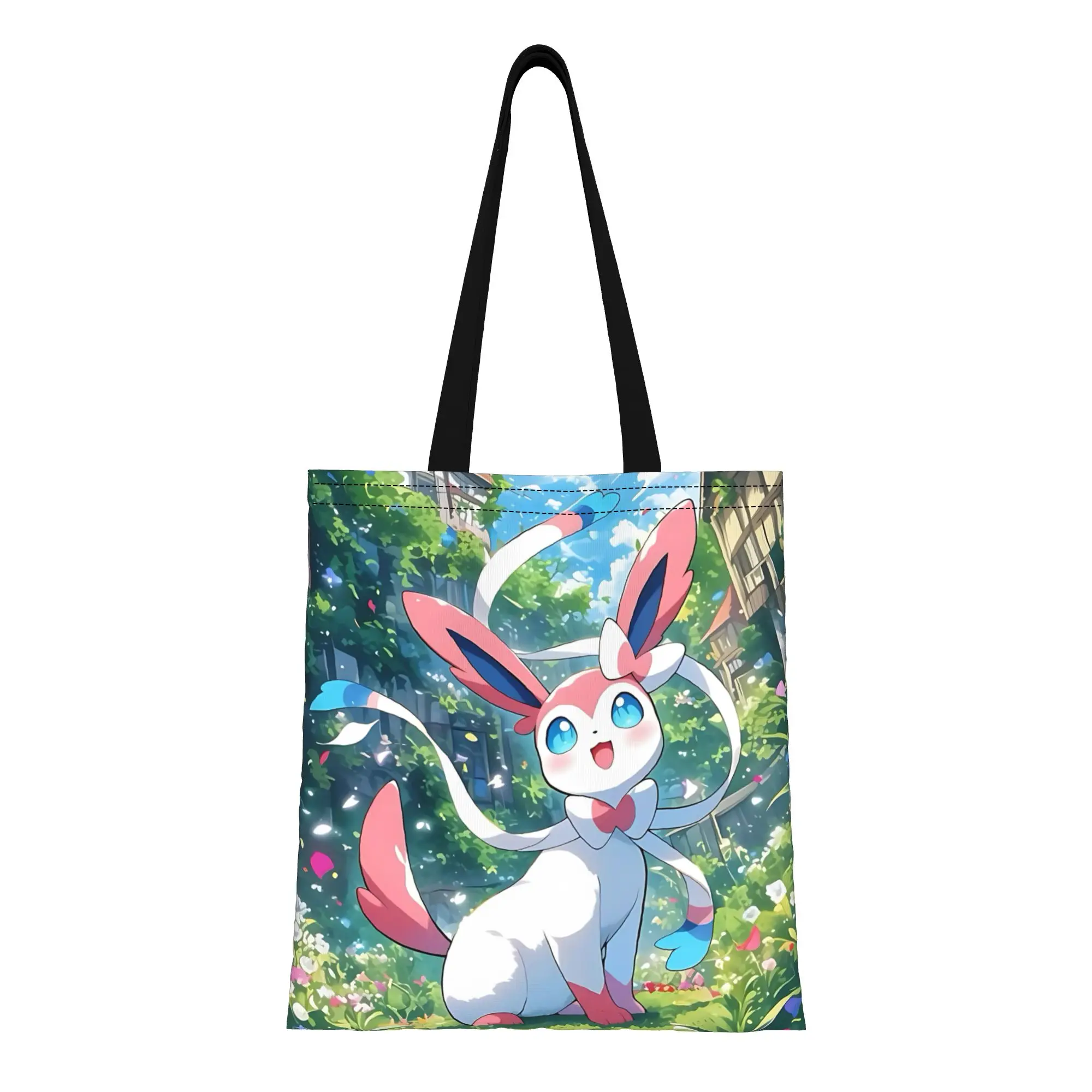 

1 шт. Сумка-тоут из холщовой ткани с двойным слоем и принтом Eeveelution Eevee Pokemon, многоразовая, на плечо, в стиле Funko
