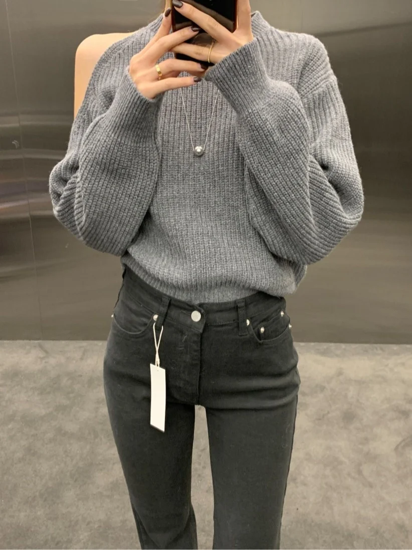 

Sexy Chic Long Sve oulder Bared Knitwear for Women Trendy Pure Desire Top Commute Sle Autumn Winter Season Regular Fit