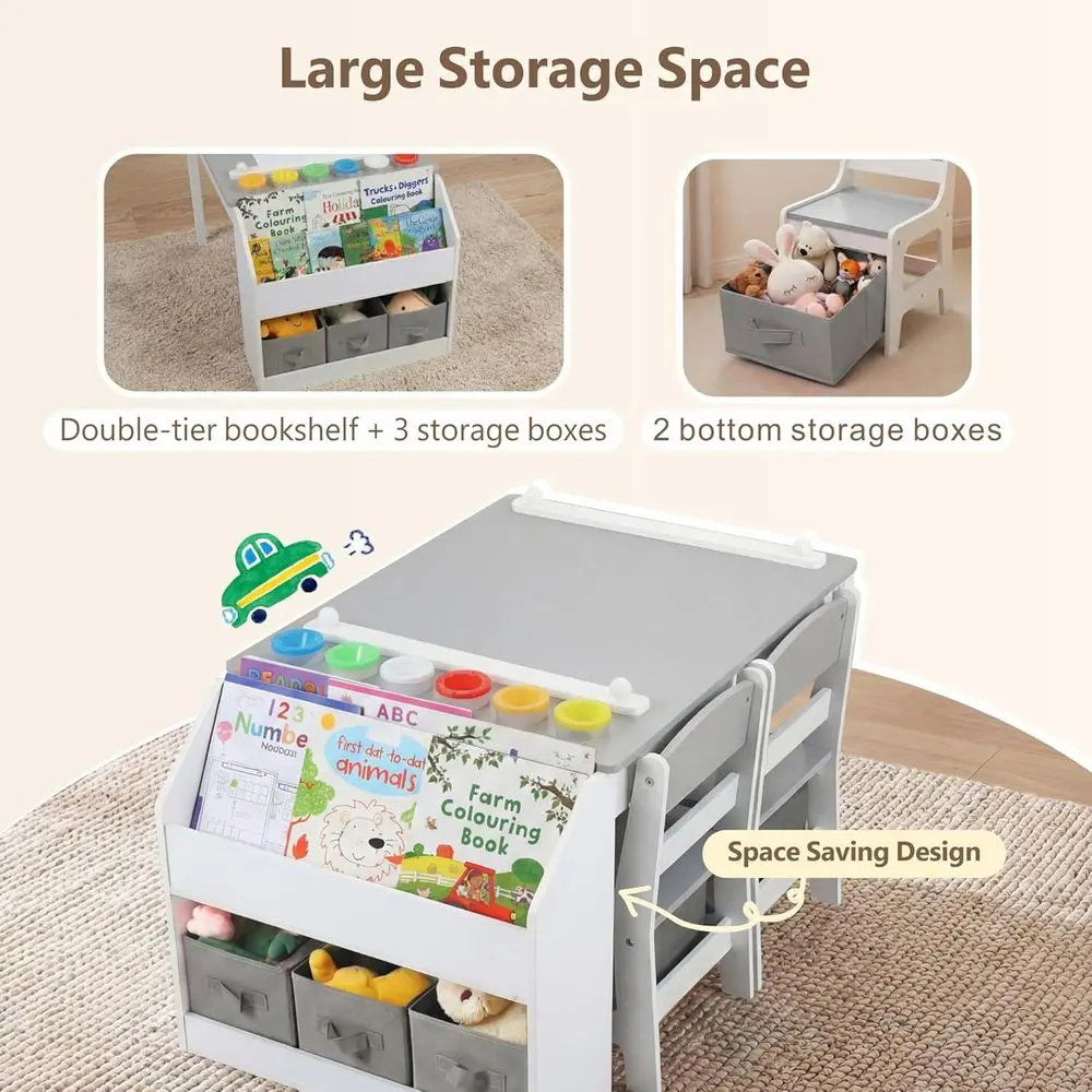 Kids Art Table & 2 Chairs Set, Paper Roll & Bookshel, Grey | Wood Toddler Activity Table w/Storage, Ding, Studying, Playing, Kid view 3