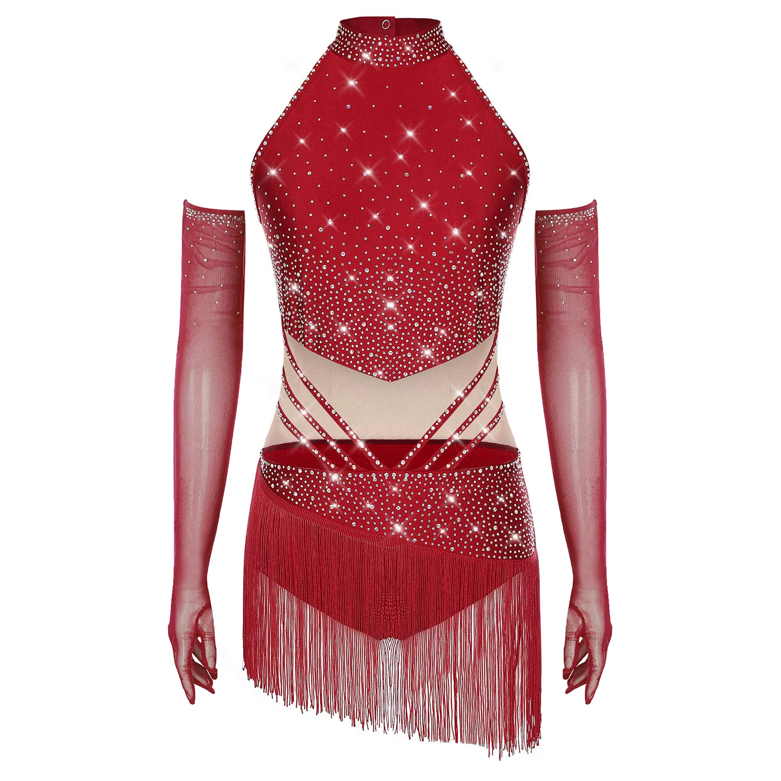 

Women Latin Jazz Leotard Outfit Sleeveless Tassel Skirted Bodysuit Skirted Samba Salsa Tango Dance Show Costume with Mesh Gloves