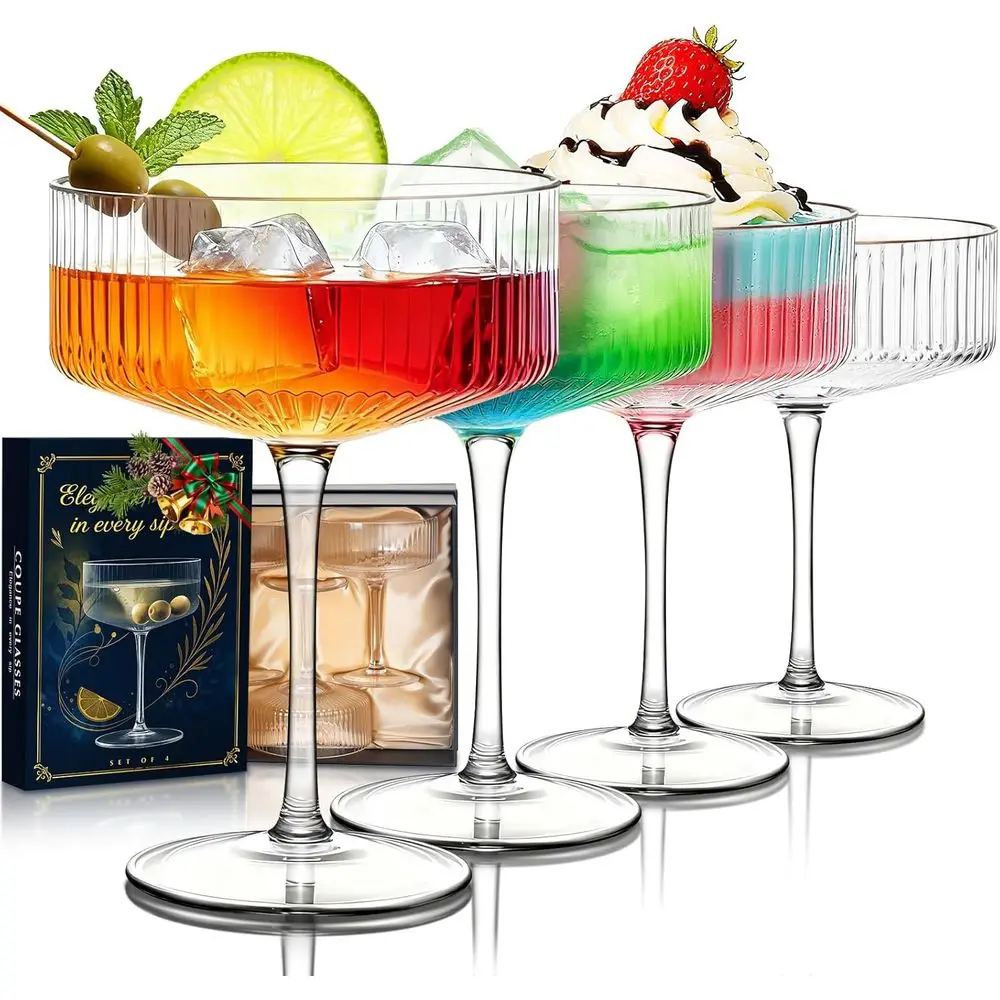 

Set of 4 10 oz Elegant Ribbed Vintage Cocktail Glasses, Premium Crystal Glass for Champagne, Perfect for Gifts & Entertaining