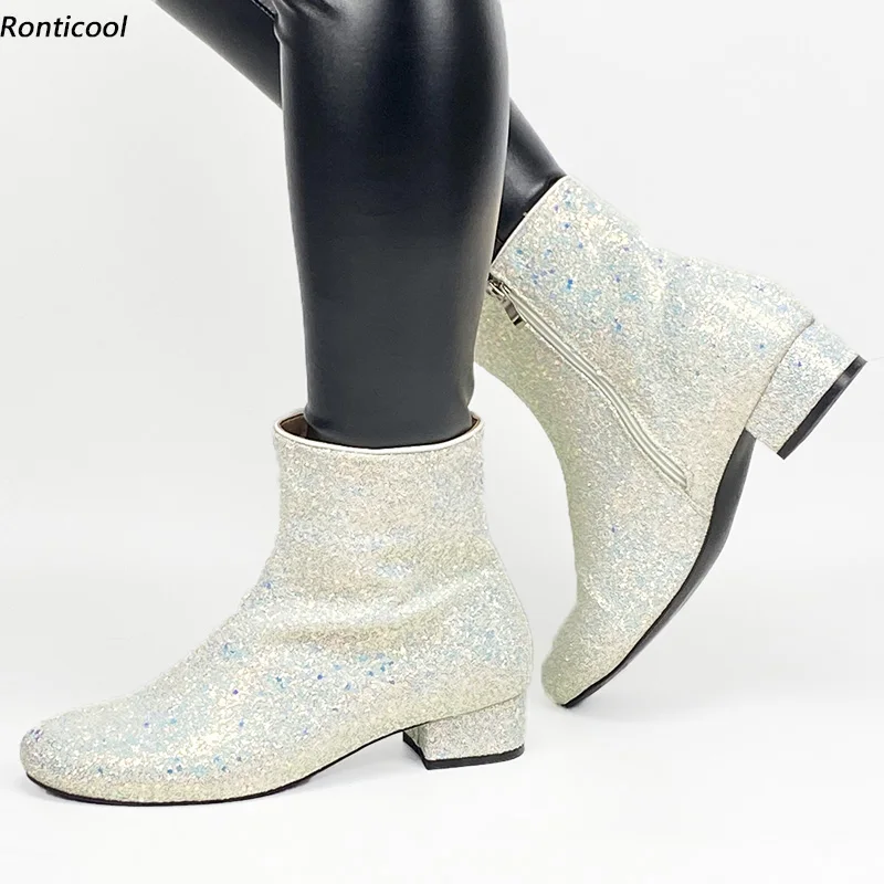 

Ronticool/женские зимние ботильоны на плоской подошве с блестящими массивными каблуками и круглым носком, белые вечерние туфли цвета фуксии, размеры США 5-20