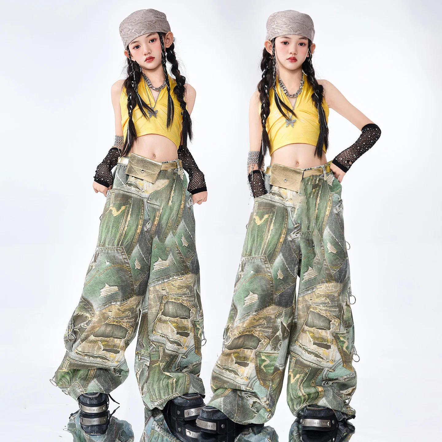 Mädchen Hip Hop Shiny Crop Camouflage Cargo Hosen Kinder Street Dance Mädchen Gruppe Kostüme Kinder Streetwear Jazz Kleidung Sets