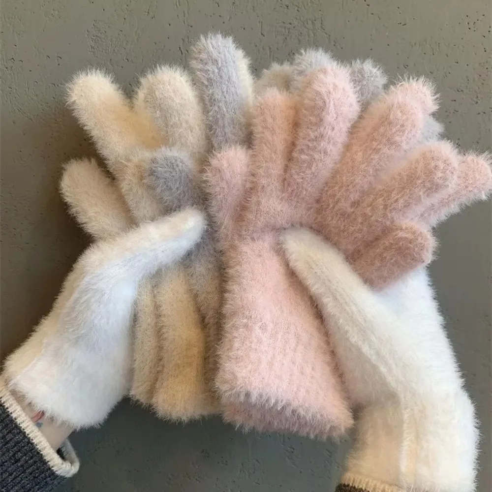 Winter Gloves Mink Velvet Five Finger Gloves Plush Warm Cold-proof Gloves Men Women Outdoors Cycling Solid Color Mitten
