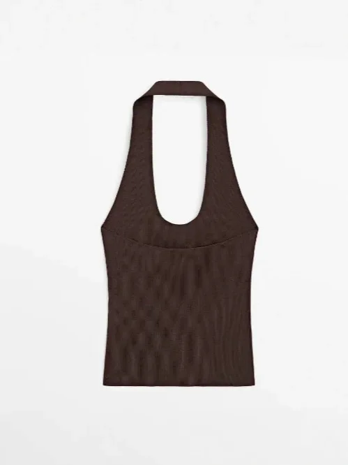 Dave&Di New Women's Seaside Vacation Style Atmosphere Knitted Neck Strap Top