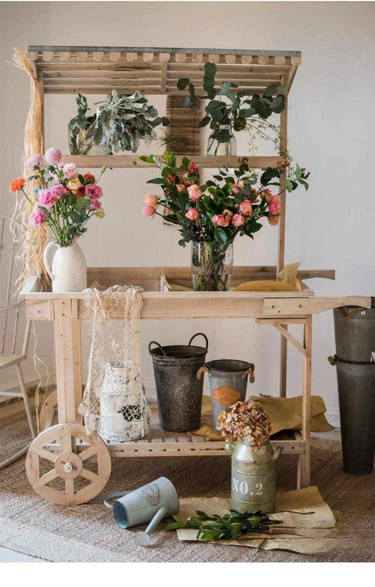 Rural And Pastoral Large Solid Wood Float Flower Rack Storage Rack Flower Shop Decoration Display Rack Multifunctional Mobile