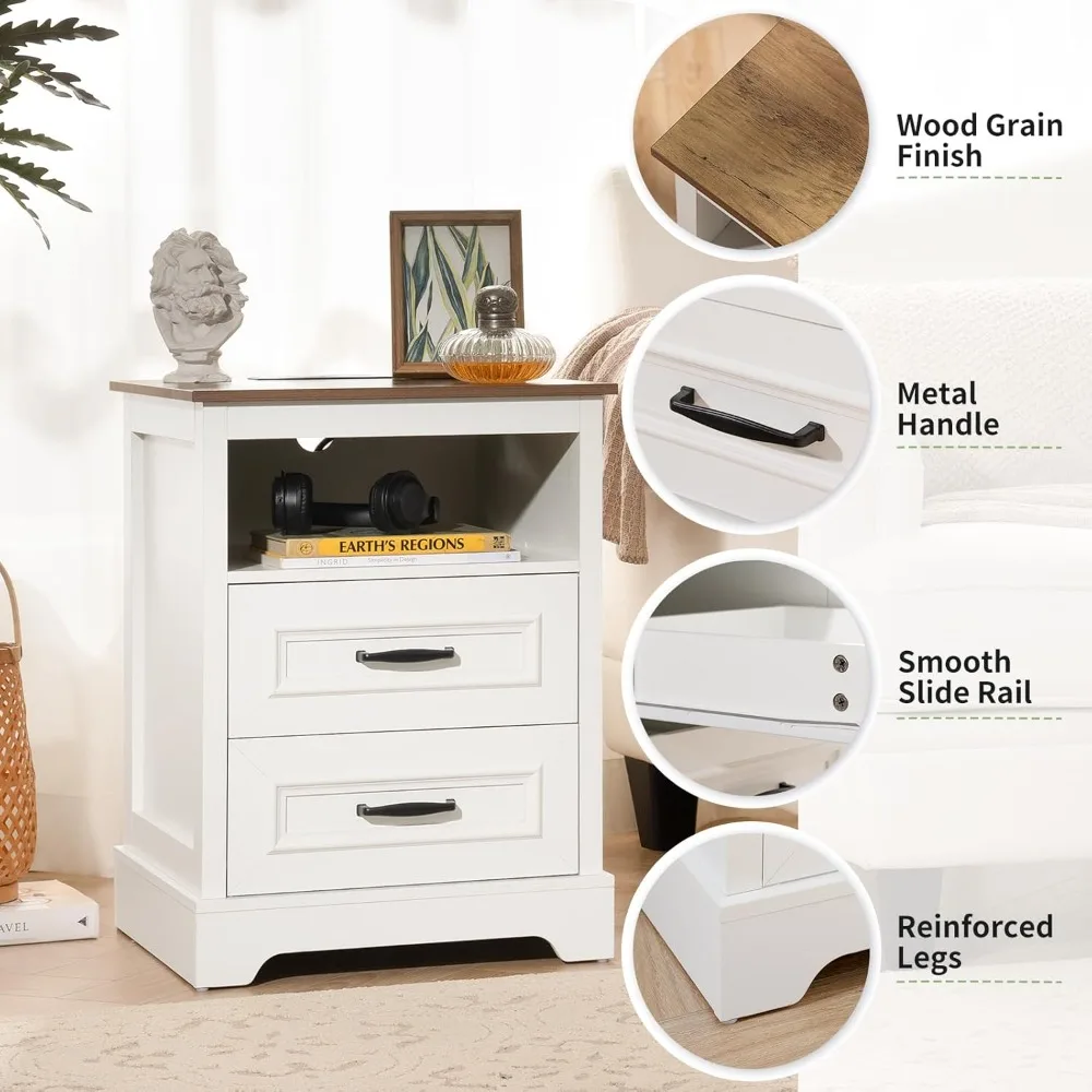 Farmhouse Nightstand with Charging Station, Wood Night Stand Set 2, 2 Drawer Nightstands Set of 2, Bedside Table with Storage, R