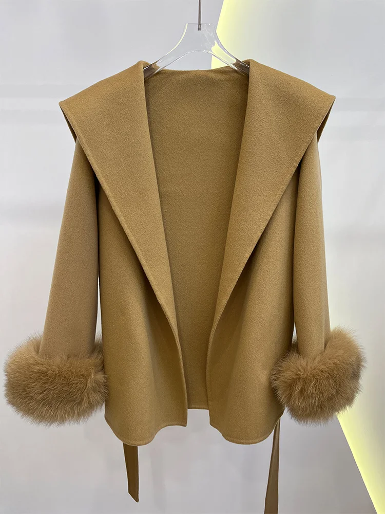 New Real Fur Coat Winter Wool Woolen Jacket Women Natural Fox Fur Cuffs Cashmere Ladies Belt Outerwear Streetwear Hot Sale