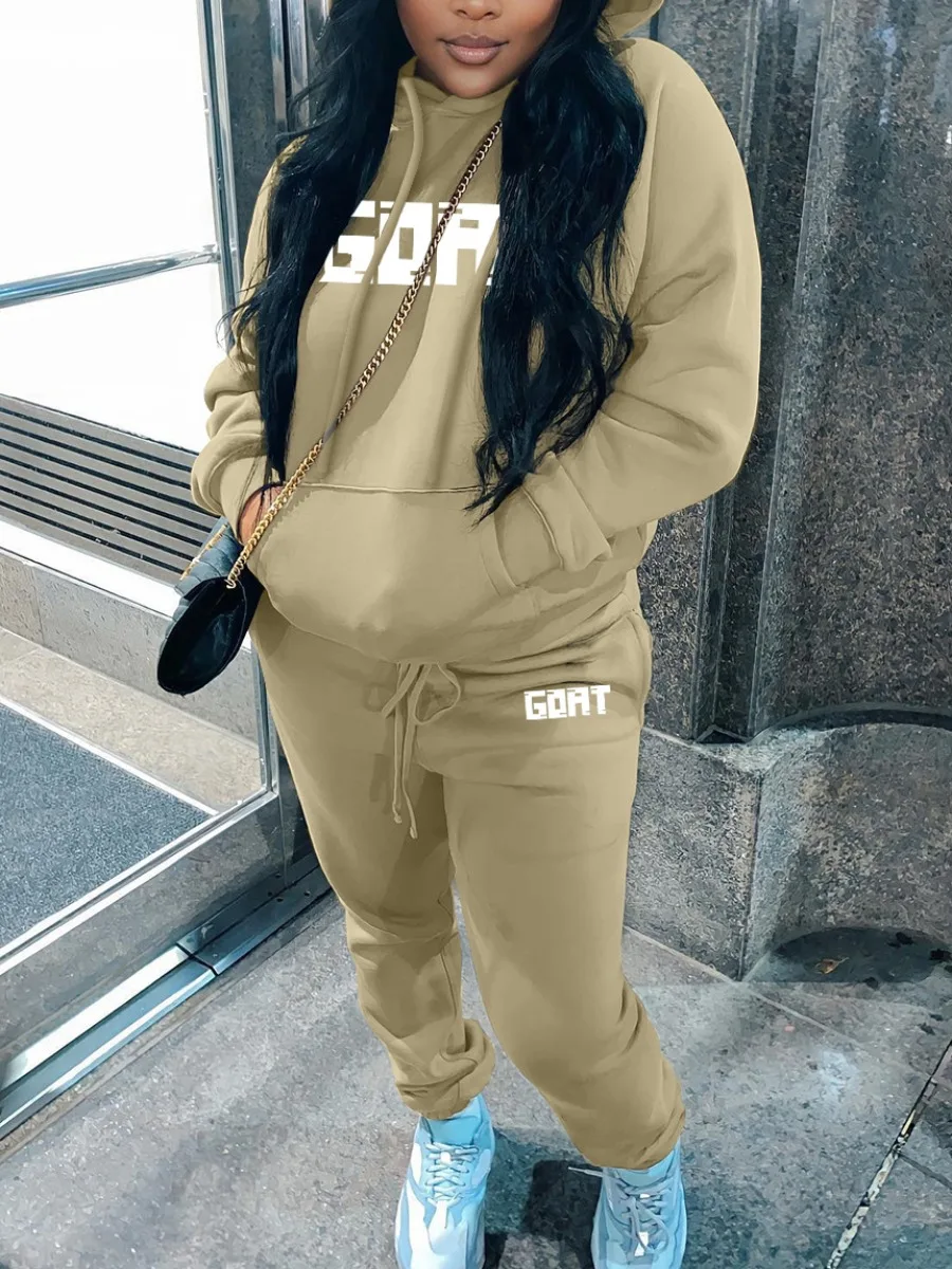 LW Plus Size Sets Letter Print Kangaroo Pocket Tracksuit Set Women Outfit Loose 2 Two Piece Set Streetwear Tracksuit Sweatshirt