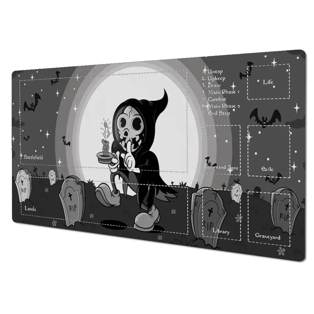 Large Size Card Game Mat Halloween Grim Reaper Skeleton Vintage Cartoon Graveyard Bats Moon Candle For TCG MTG RPG Board Games