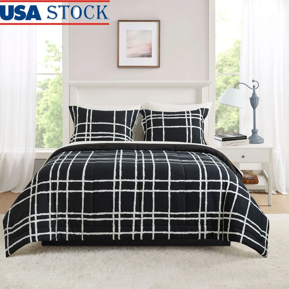 

7 Piece Reversible Comforter Set with Sheets Pillow Shams Machine Washable Soft Polyester Unisex Bedding Teens Adults