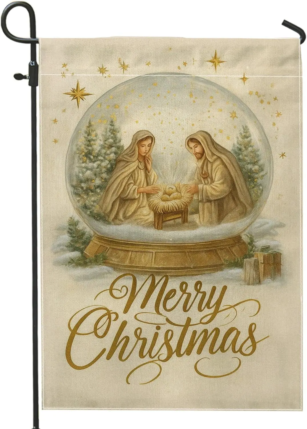 Nativity Garden Flag, Christmas Festive Snow Globe Stars Xmas Gold Double Sided Burlap Small Garden Yard Flag for Outdoor Pa IIC