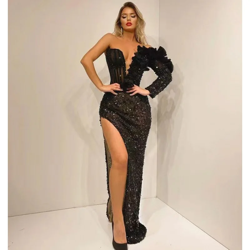 

New Arrival Black Sequin One-Shoulder High-Slit Evening Dress Elegant Birthday Banquet Party Gown