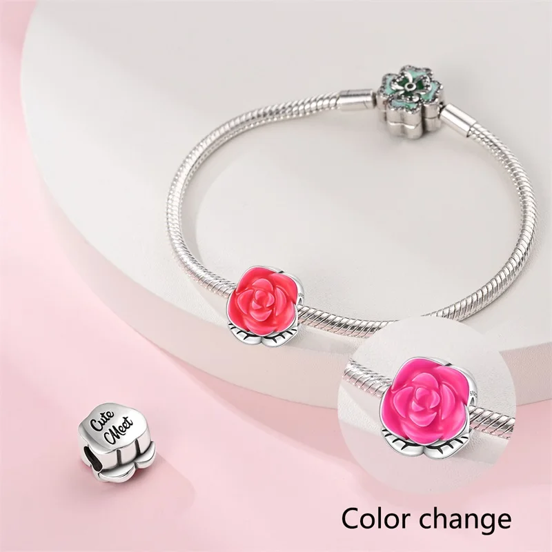 New 100% 925 Sterling Silver Flower Chameleon Change Color Charms Beads Fit Pandach 925 Bracelets DIY Jewelry New Year's Gift
