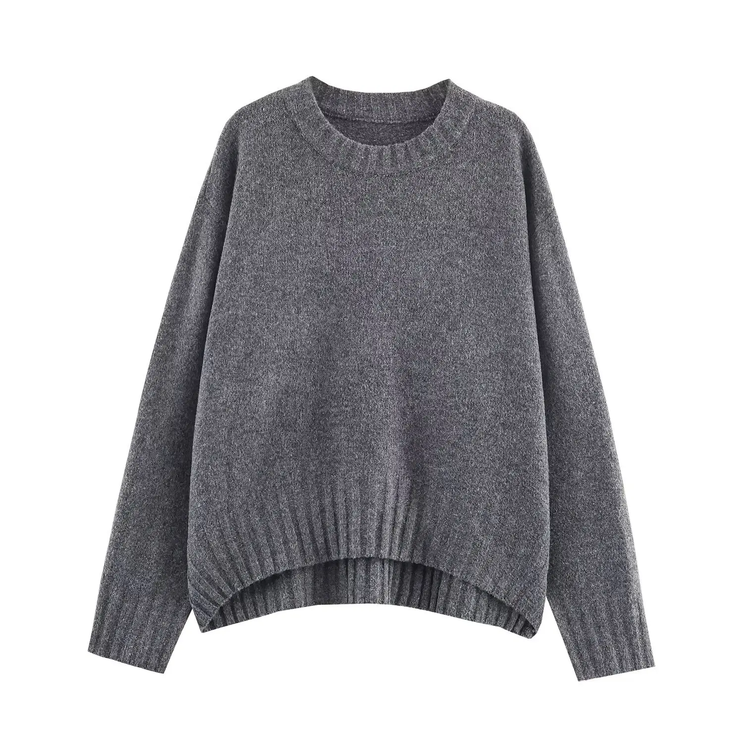 

Women's Rib Knitted Sweater Round Neck Solid Color Long Sleeve Cropped Pullover Simple Versatile Early Autumn New Chic Top