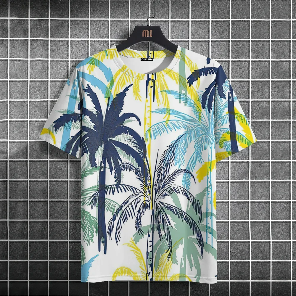 

Hawaii Style Men's T-shirt Coconut Tree Print Casual Pullover For Men Summer O-neck Loose Sweatshirt Male Daily Short Sleeve