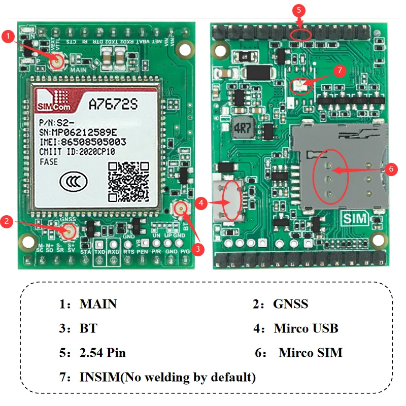 A7672S-FASE Макетная плата LTE CAT1 Модуль SIMCOM 4G + 2G + BT + GNSS + голос с антенной FPC и внешним комплектом GPS