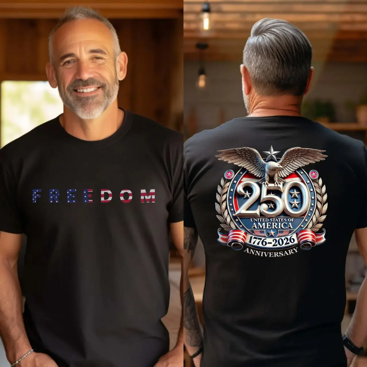 USA 250th Anniversary Casual Crew Neck Short-Sleeve Cotton Fabric Classic Print Patriotic T-Shirt, 1776-2026 Independence Sports Top