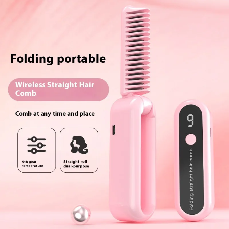 

Portable Rechargeable Wireless Negative Ion Electric Hair Brush Foldable Dual-Purpose Hair Straightener Curler Household Hair