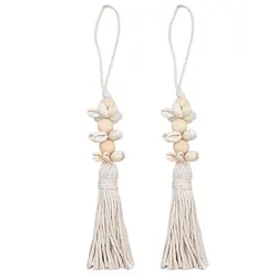 2Pcs Exquisite Boho Seashell Wood Bead String Pendant with Seashells Cotton Tassels Farmhouse Wall Hanging Decor Gifts