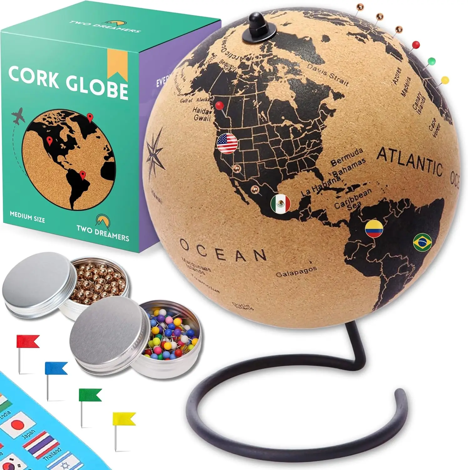 

9.4" Cork Globe with 300 Push Pins - World Travel Map for Home Office Decor